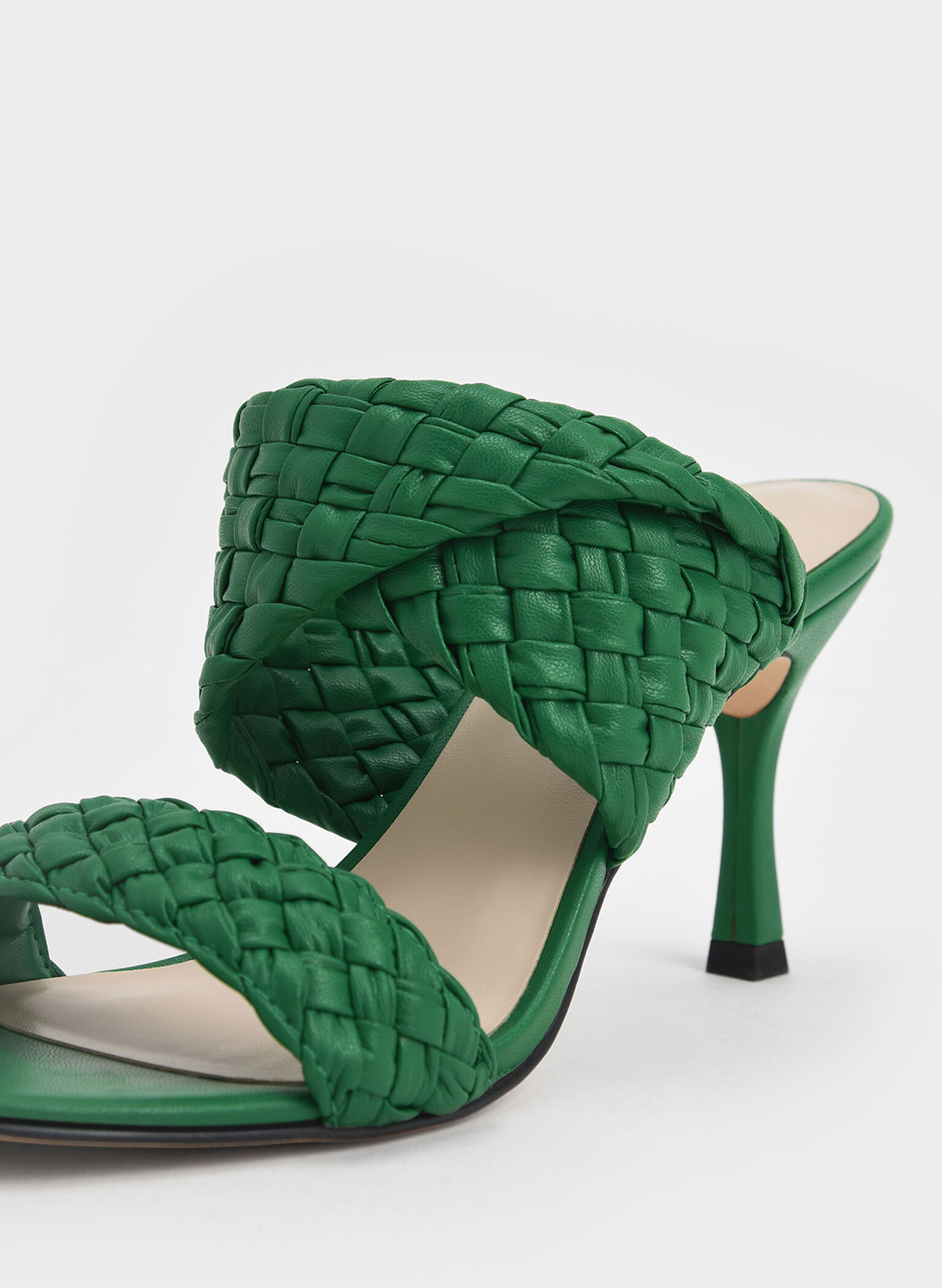 Double Strap Woven Heeled Mules, Green, hi-res