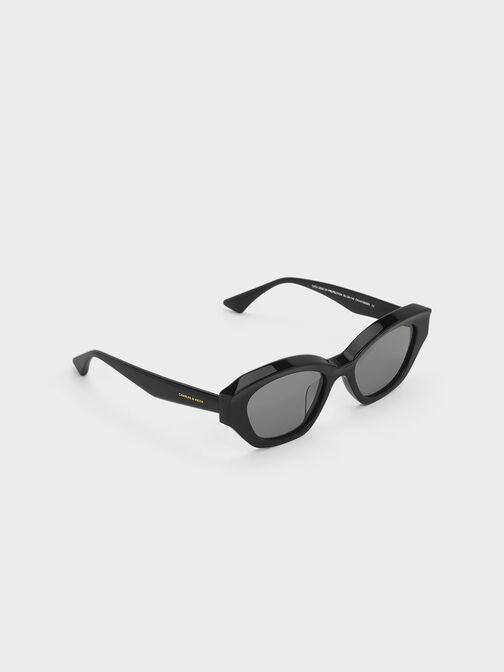 Recycled Acetate Geometric-Frame Cateye Sunglasses, Black, hi-res