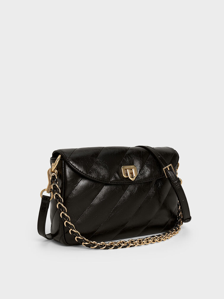 Fawn Panelled Front Flap Chain-Handle Bag, Black, hi-res