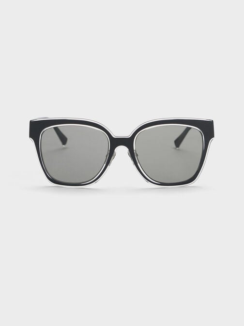 Oversized Square Metallic Accent Sunglasses, Black, hi-res
