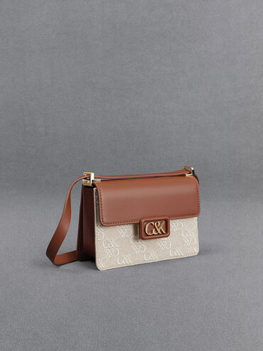 Mini Cerys Leather & Canvas Monogram Shoulder Bag, Cognac, hi-res