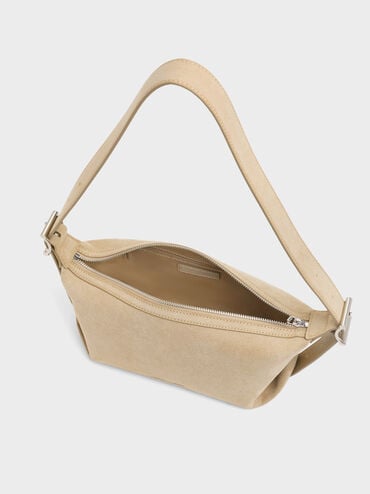 Zora Recycled Suede Buckle-Strap Slouchy Shoulder Bag, Nutmeg Beige, hi-res