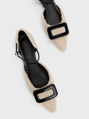 Zapatos planos Rosalie de cuero con corte D'Orsay y detalles de pelusa, Beige, hi-res
