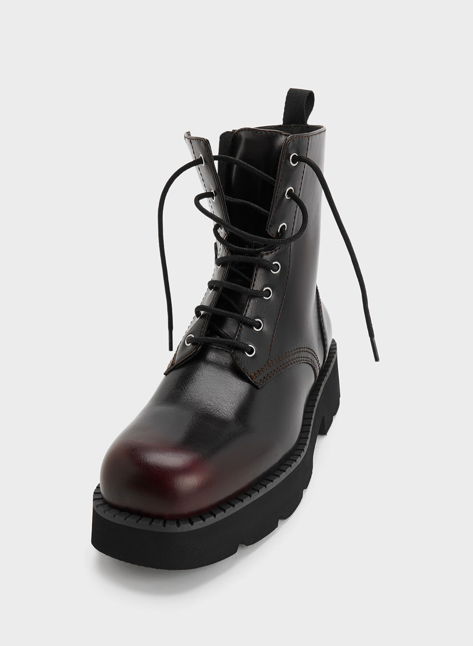 Ridged-Sole Lace-Up Combat Boots, Burgundy, hi-res