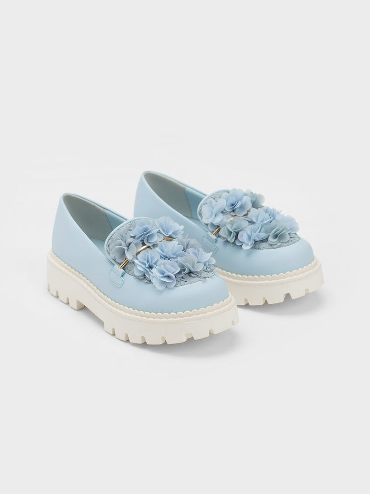 Girls' Floral Mesh Loafers, Light Blue, hi-res