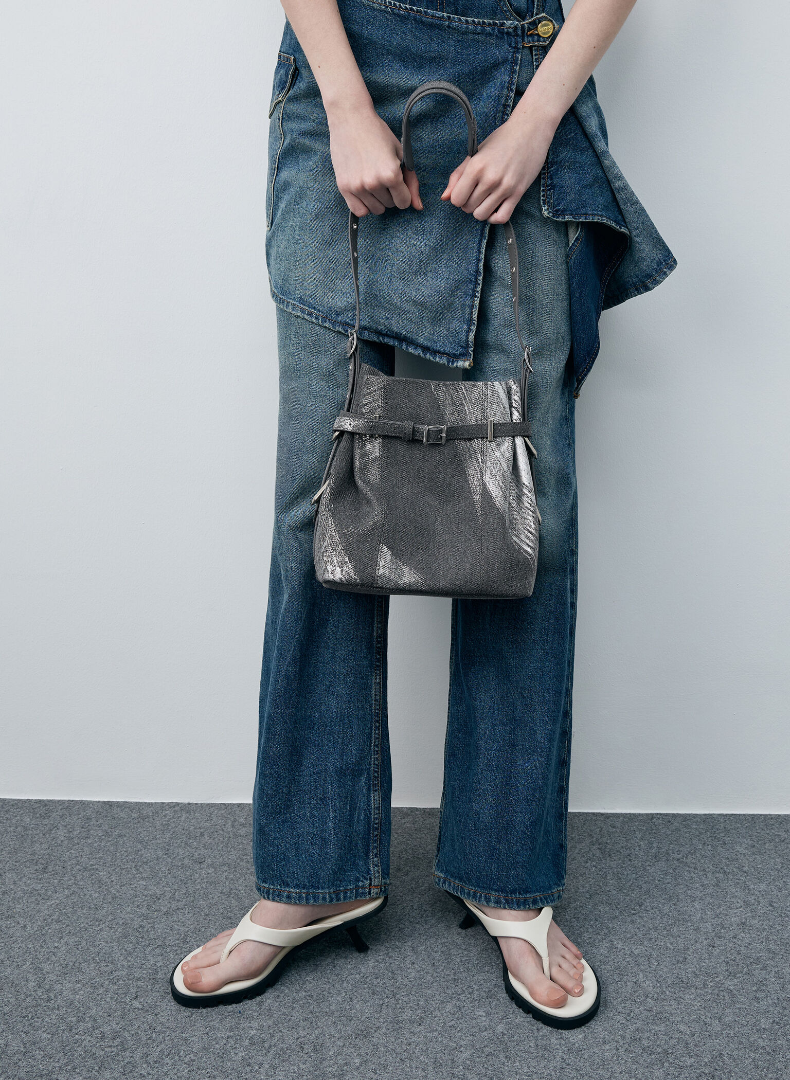 Bryna Brushed Denim Belted Bucket Bag, Silver Brushed Denim, hi-res
