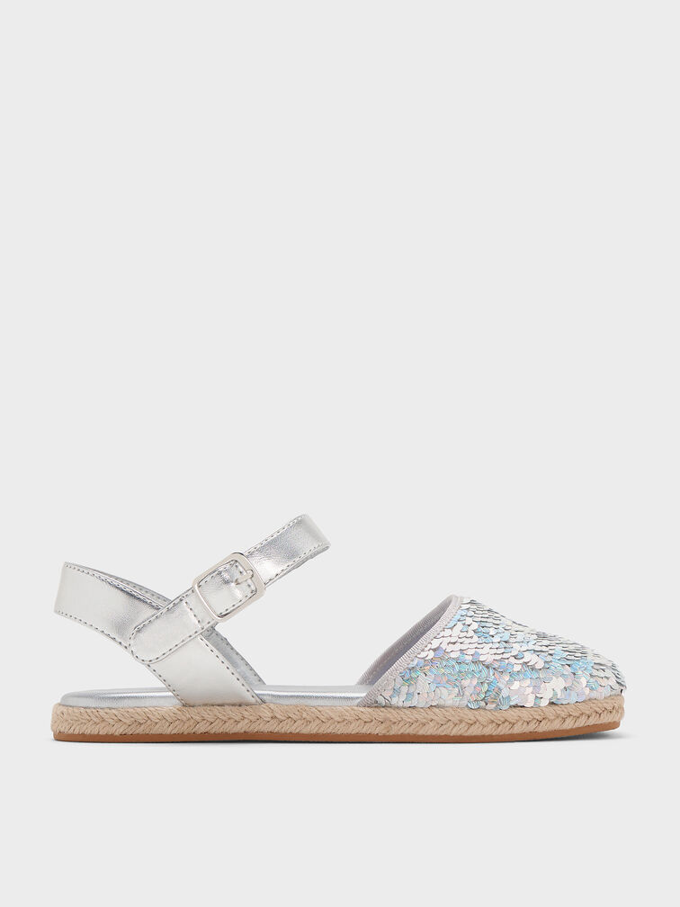 Girls' Sequin Espadrille Flats, Silver, hi-res