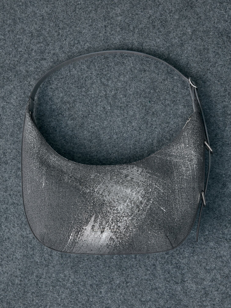 Bolso hobo curvo Bryna en denim, Denim plateado, hi-res