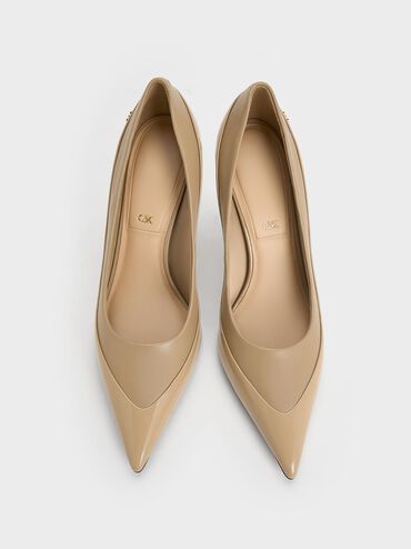 Leather & Patent Pointed-Toe Pumps, Taupe, hi-res