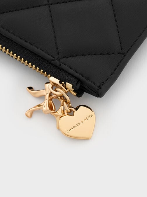 Arrietty Quilted Bow-Heart Charm Zip-Around Wallet, Black, hi-res