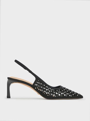 Zapatos destalonados recortados con tacón bajo y tachuelas, Negro, hi-res