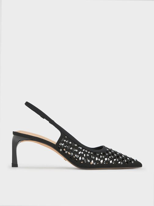 Zapatos destalonados recortados con tacón bajo y tachuelas, Negro, hi-res