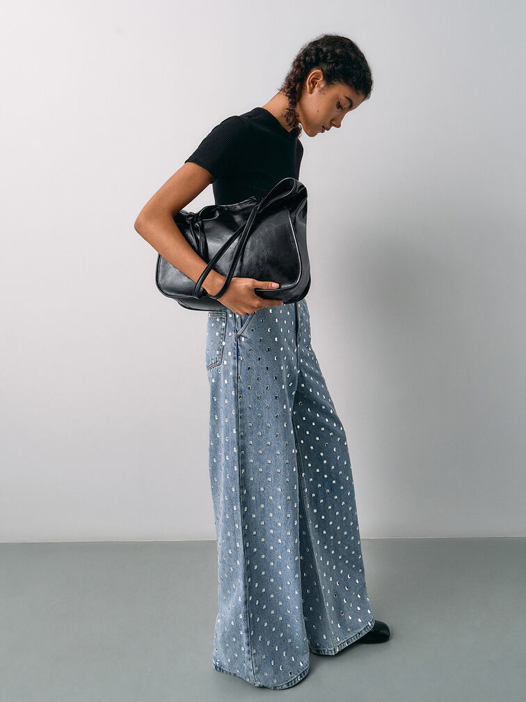Bolso tote holgado Sianna de efecto arrugado, Negro, hi-res