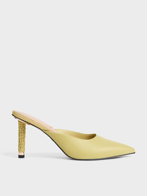 Leather Woven-Heel Pointed-Toe Mules, Lime, hi-res