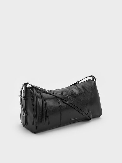 Bolso cruzado Bryna con paneles y tiras con ojales, Noir, hi-res