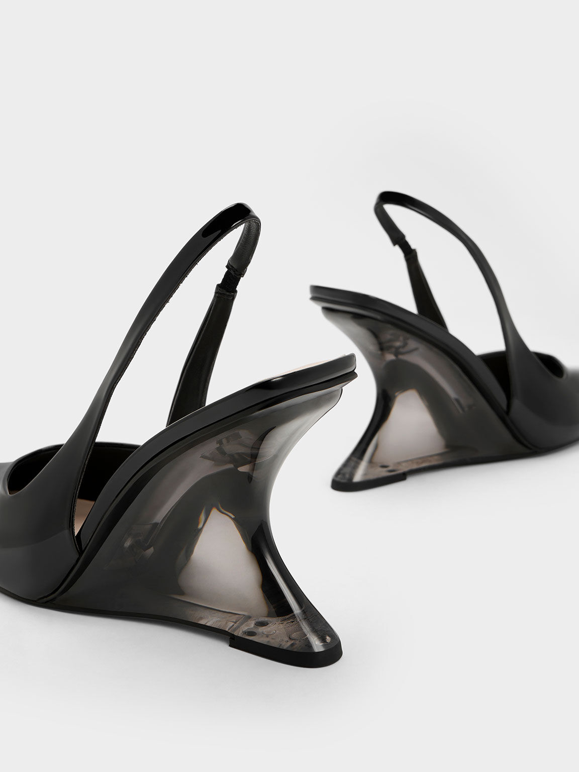 Patent Sculptural Slingback Wedges, Black Patent, hi-res