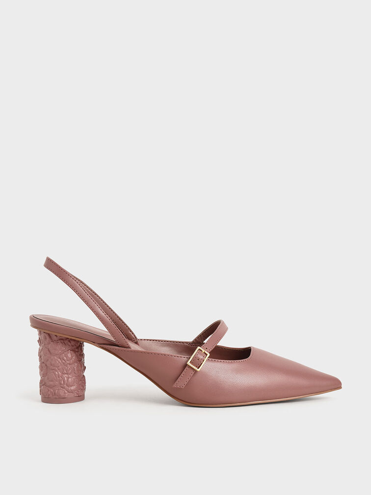 Embossed Heel Slingback Pumps, Pink, hi-res