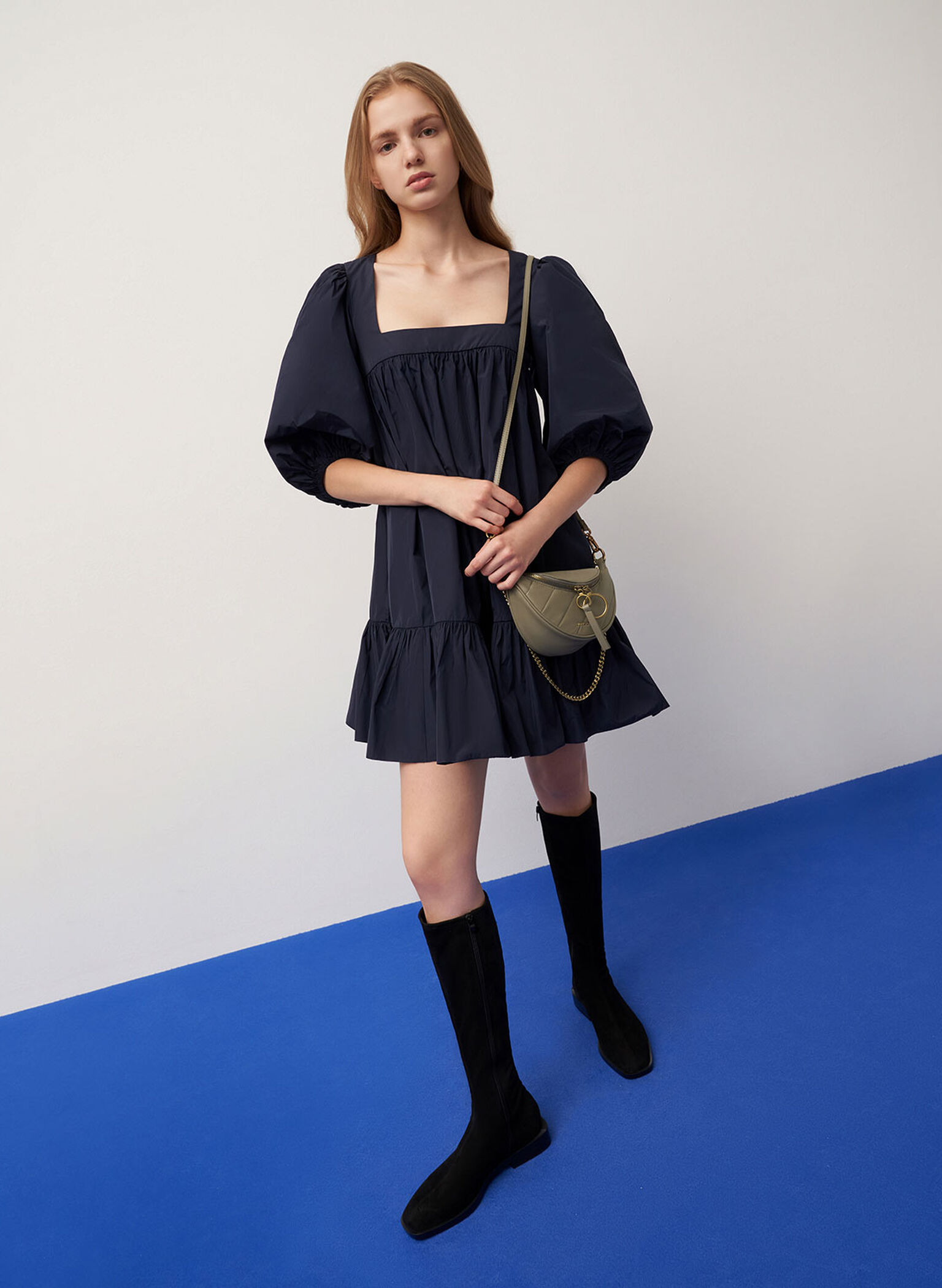 Textured Knee High Flat Boots, Black Textured, hi-res