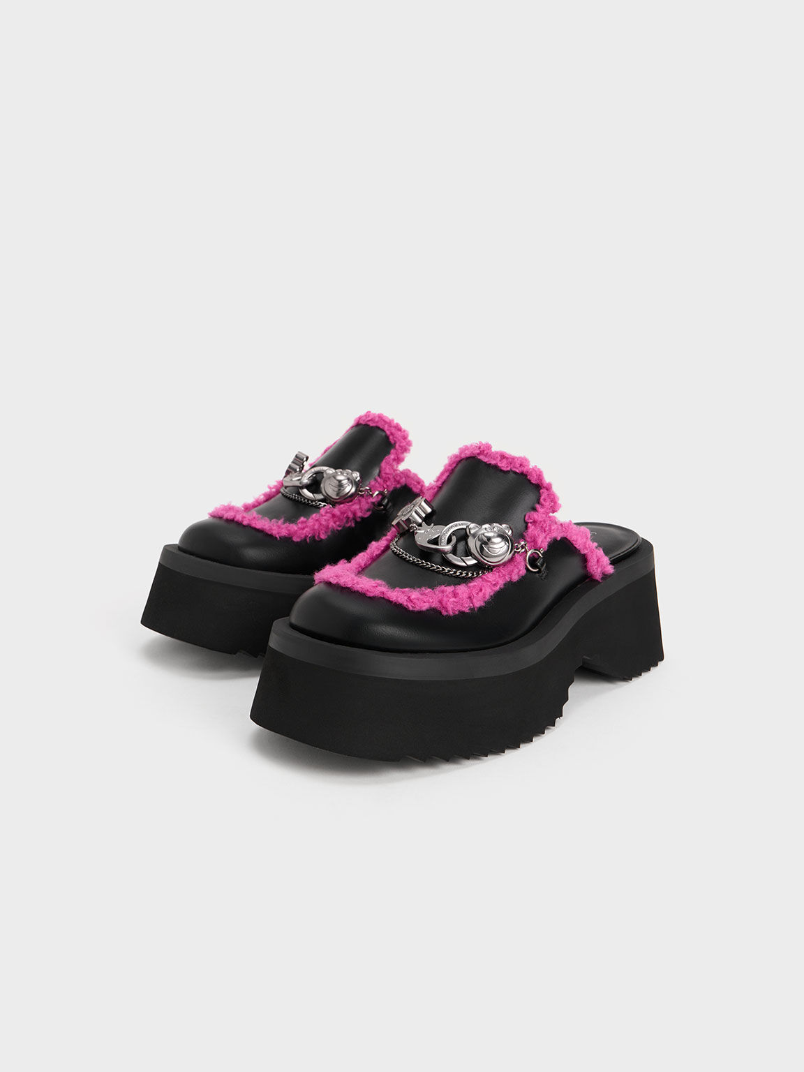 Lotso Fur-Trim Embellished Platform Mules, Black Satin, hi-res