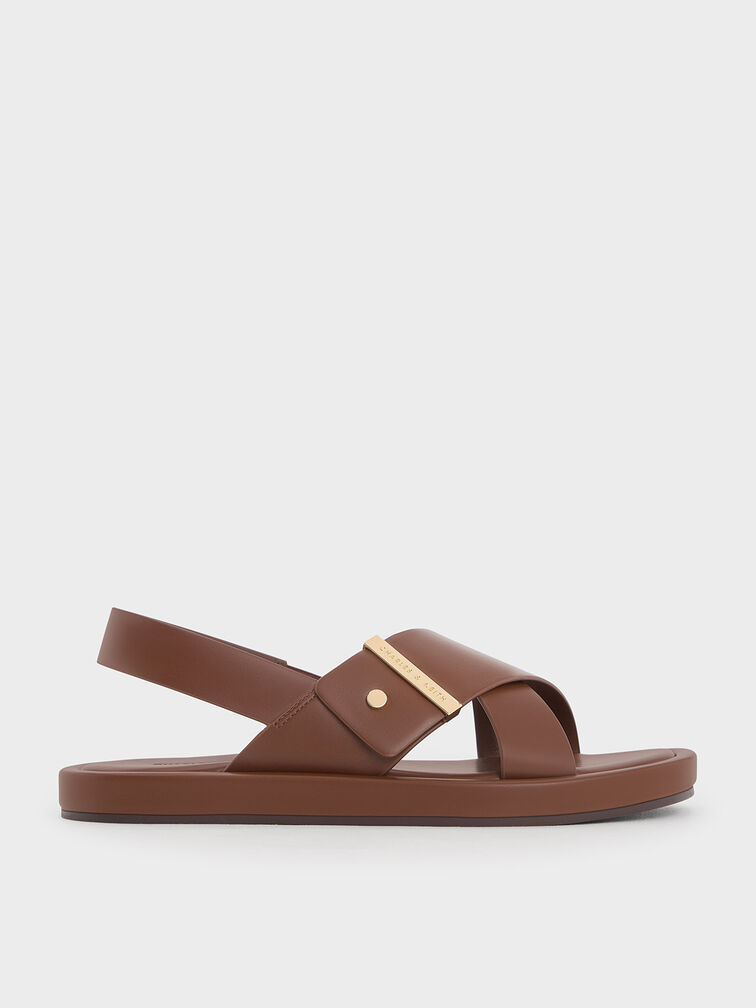 Crossover-Strap Slingback Sandals, Dark Brown, hi-res