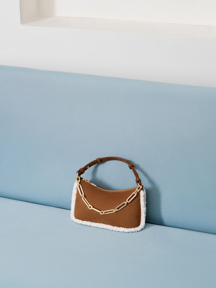 Robyn Faux Suede Fur-Trim Elongated Chain-Handle Bag, Brown, hi-res