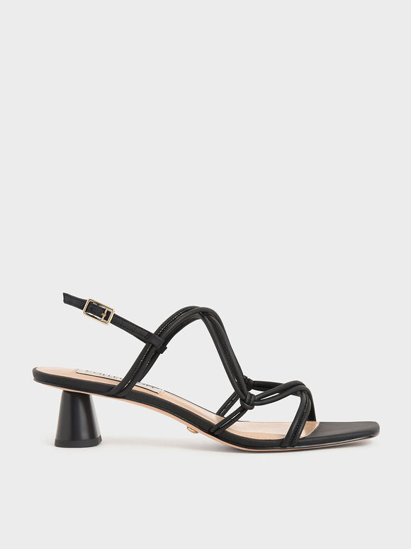 Leather Strappy Knotted Sandals, Black, hi-res