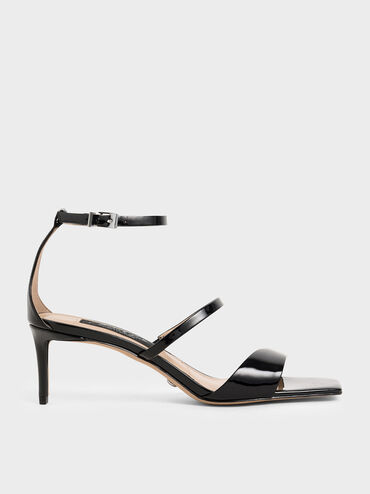 Patent Leather Strappy Heeled Sandals, Black, hi-res