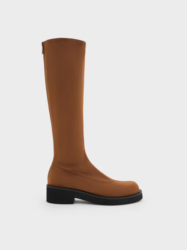 Faux Suede Chunky-Sole Knee-High Boots, Brown, hi-res