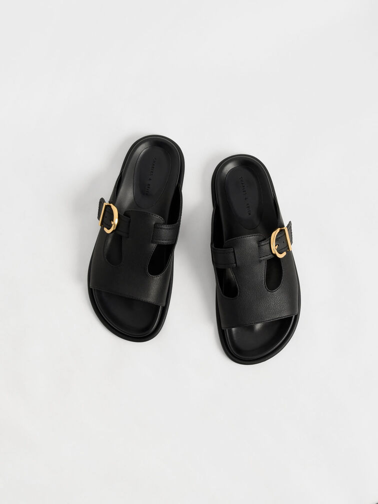 Cut-Out Buckled Slides, Black, hi-res