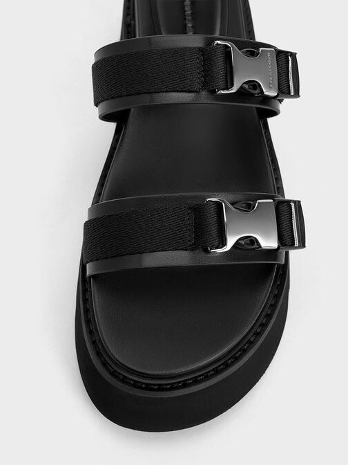 Laine Metallic-Buckle Flatform Sandals, Black, hi-res