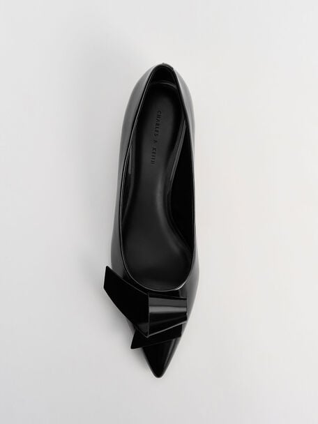 Zapatos planos esculturales con punta en punta y nudo, Negro pulido, hi-res