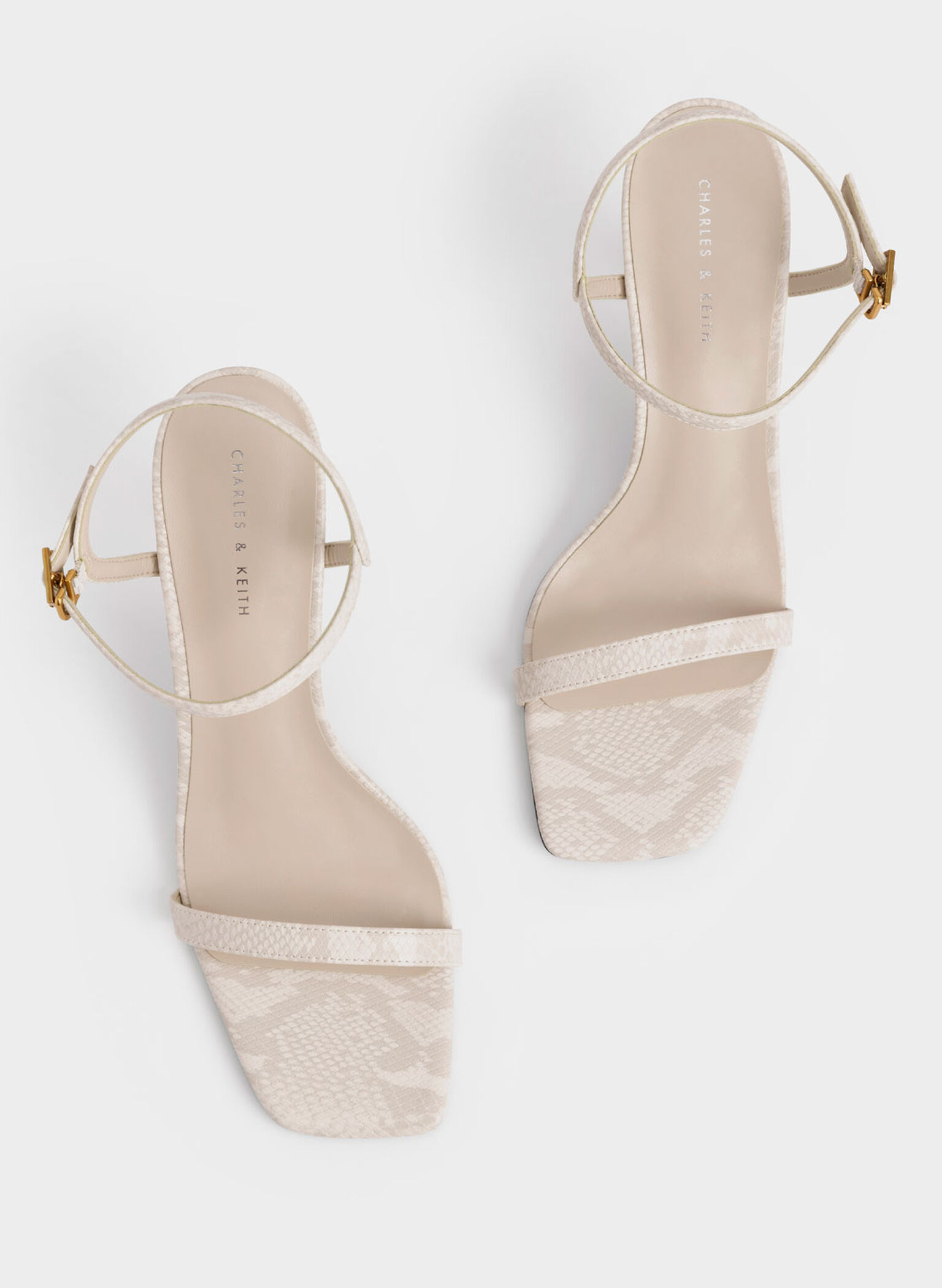 Snake-Print Ankle-Strap Heeled Sandals, Animal Print White, hi-res