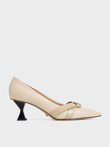 Leather Knotted Bow Sculptural Heel Pumps, Chalk, hi-res