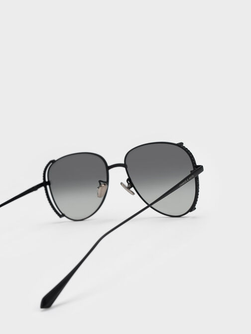 Gem-Embellished Wireframe Aviator Sunglasses, Black, hi-res