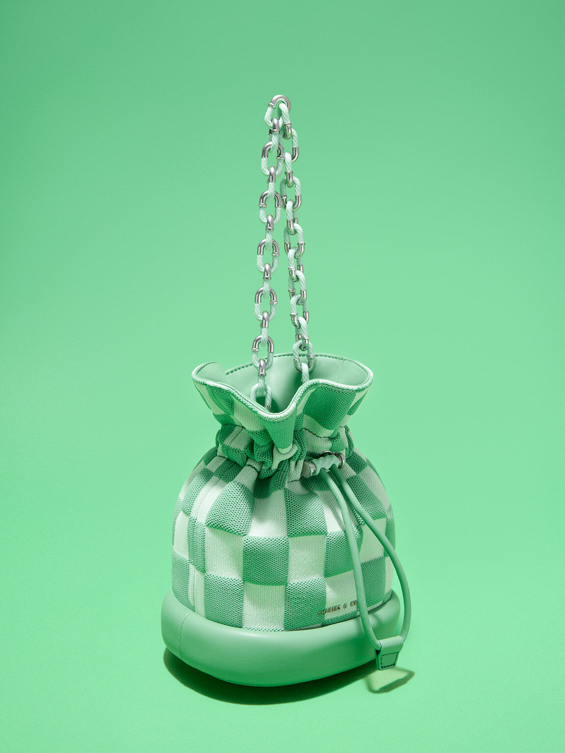 Shiloh Checkerboard Drawstring Bucket Bag, Green, hi-res