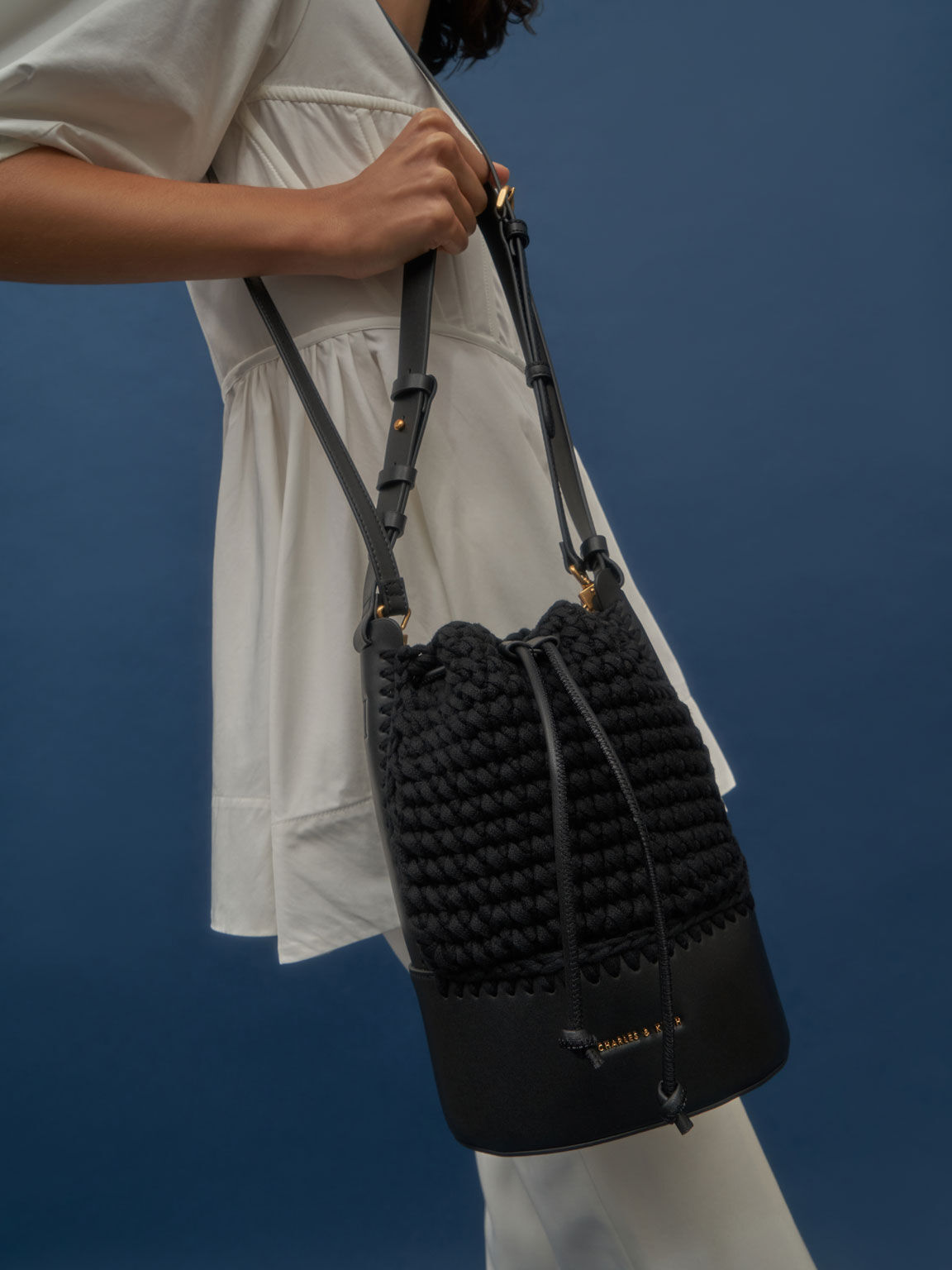 Crochet Drawstring Bucket Bag, Black, hi-res
