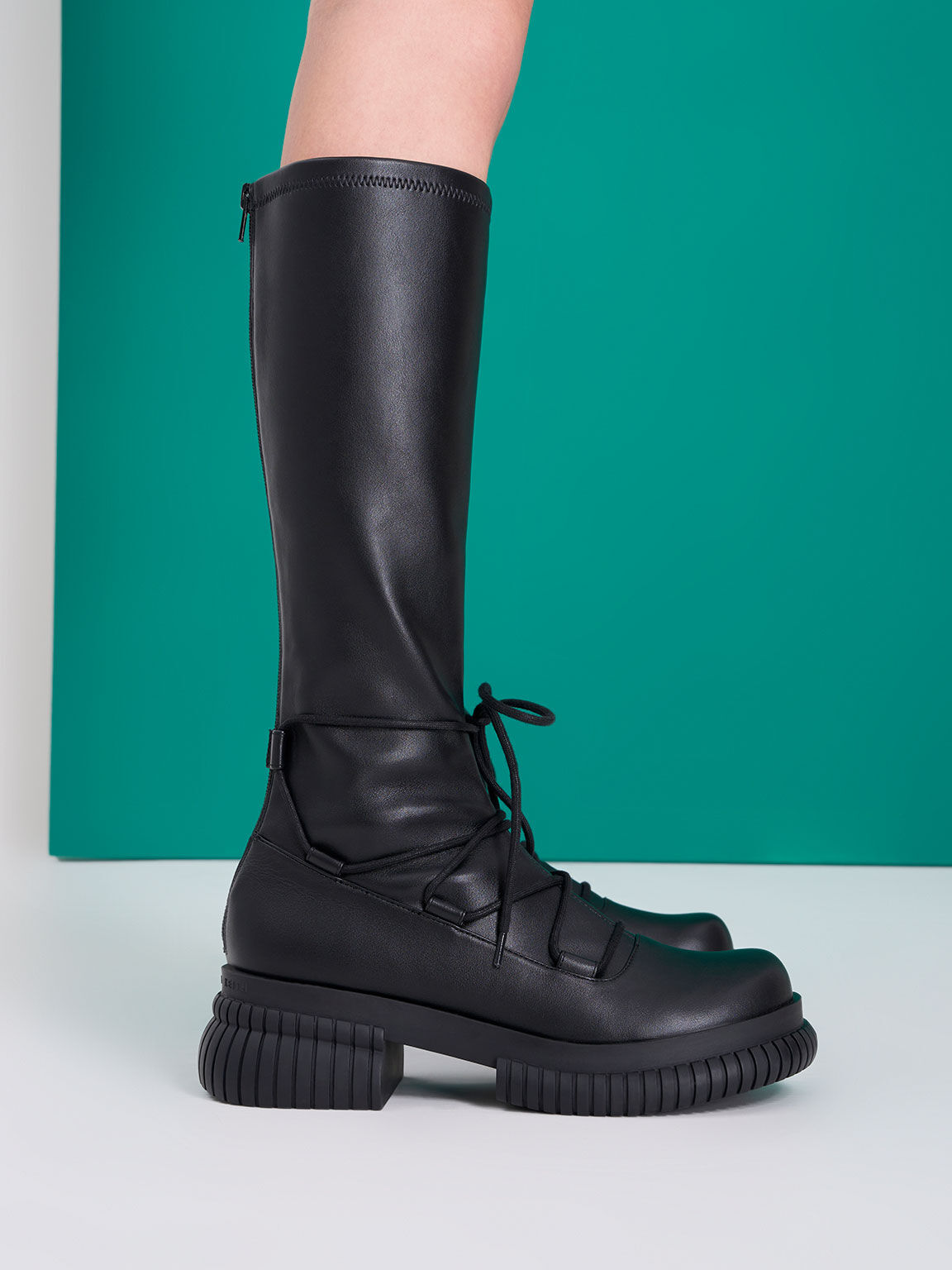 Lace-Up Knee-High Boots, Black, hi-res