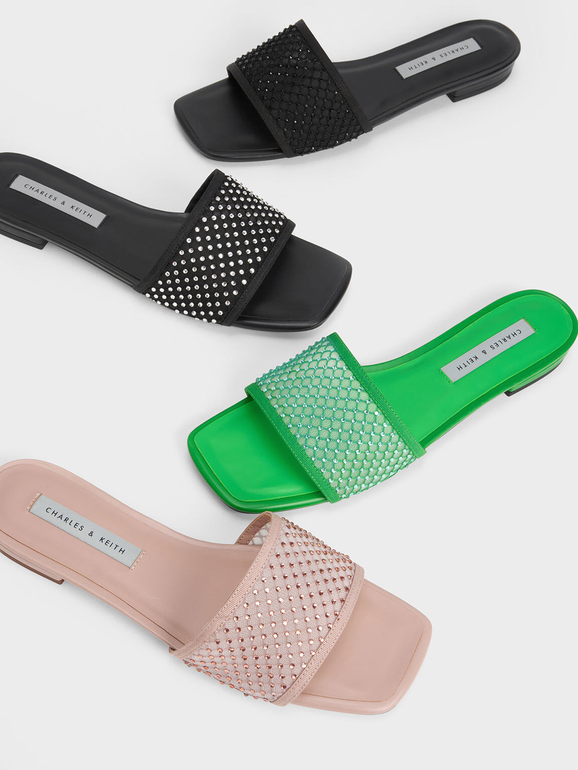 Gem-Encrusted Mesh Slide Sandals, Nude, hi-res