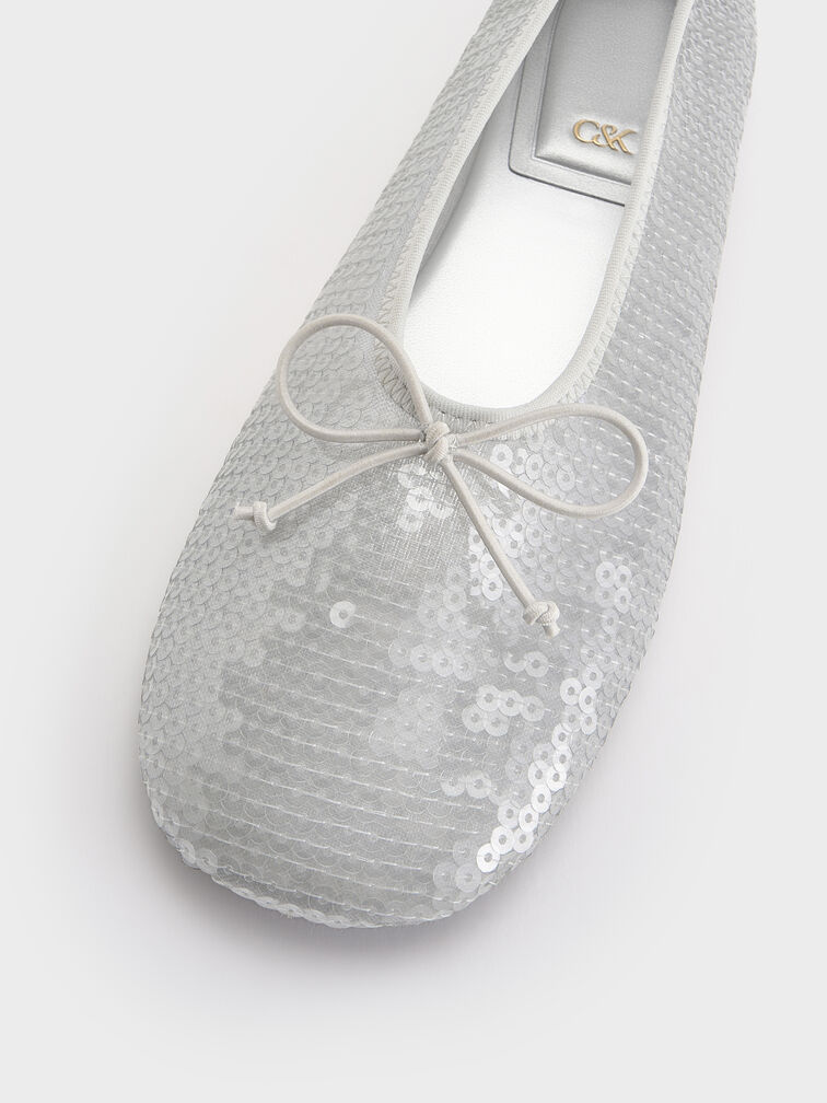 Sequin Mesh & Leather Bow Ballet Flats, Silver, hi-res