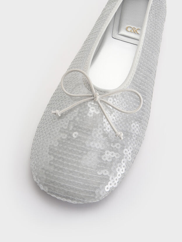 Sequin Mesh & Leather Bow Ballet Flats, Silver, hi-res