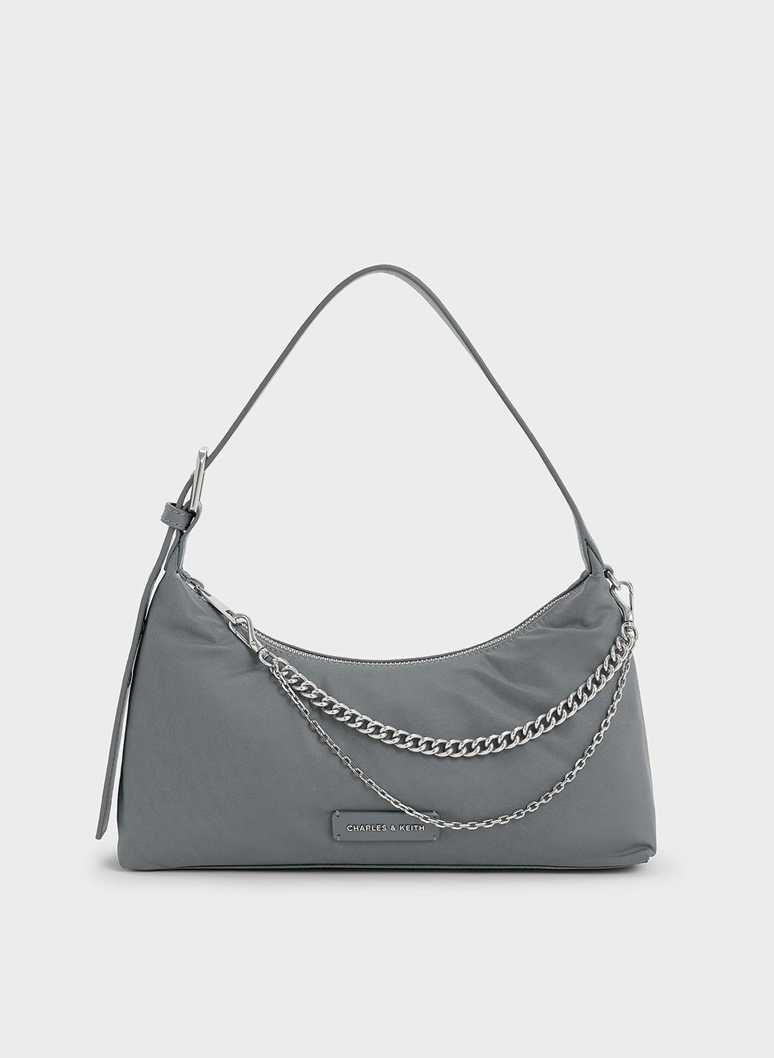Bolso trapezoidal de nylon con cadena, Gris, hi-res