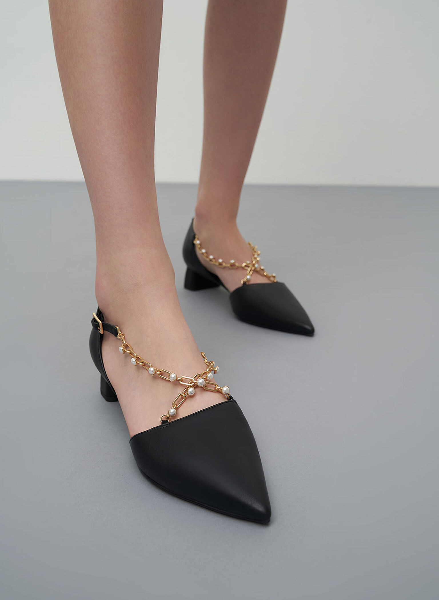 Beaded Metallic-Chain D'Orsay Pumps, Black, hi-res