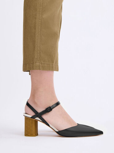 Rattan Block Heel Pumps, Black, hi-res