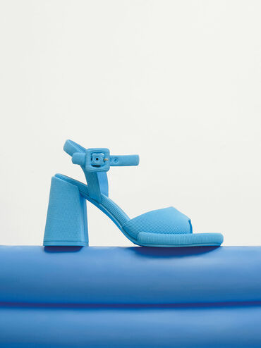 Sinead Woven Trapeze Heel Buckled Sandals, Blue, hi-res