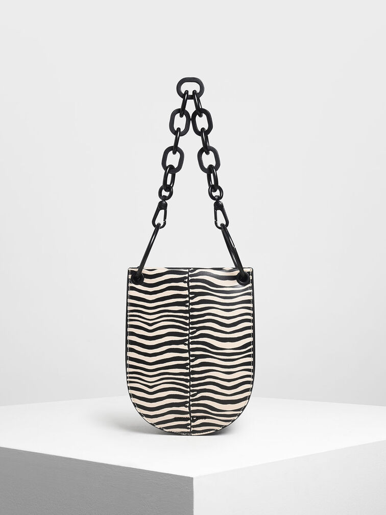 Zebra Print Chunky Chain Handle U-Shaped Bag, Multi, hi-res