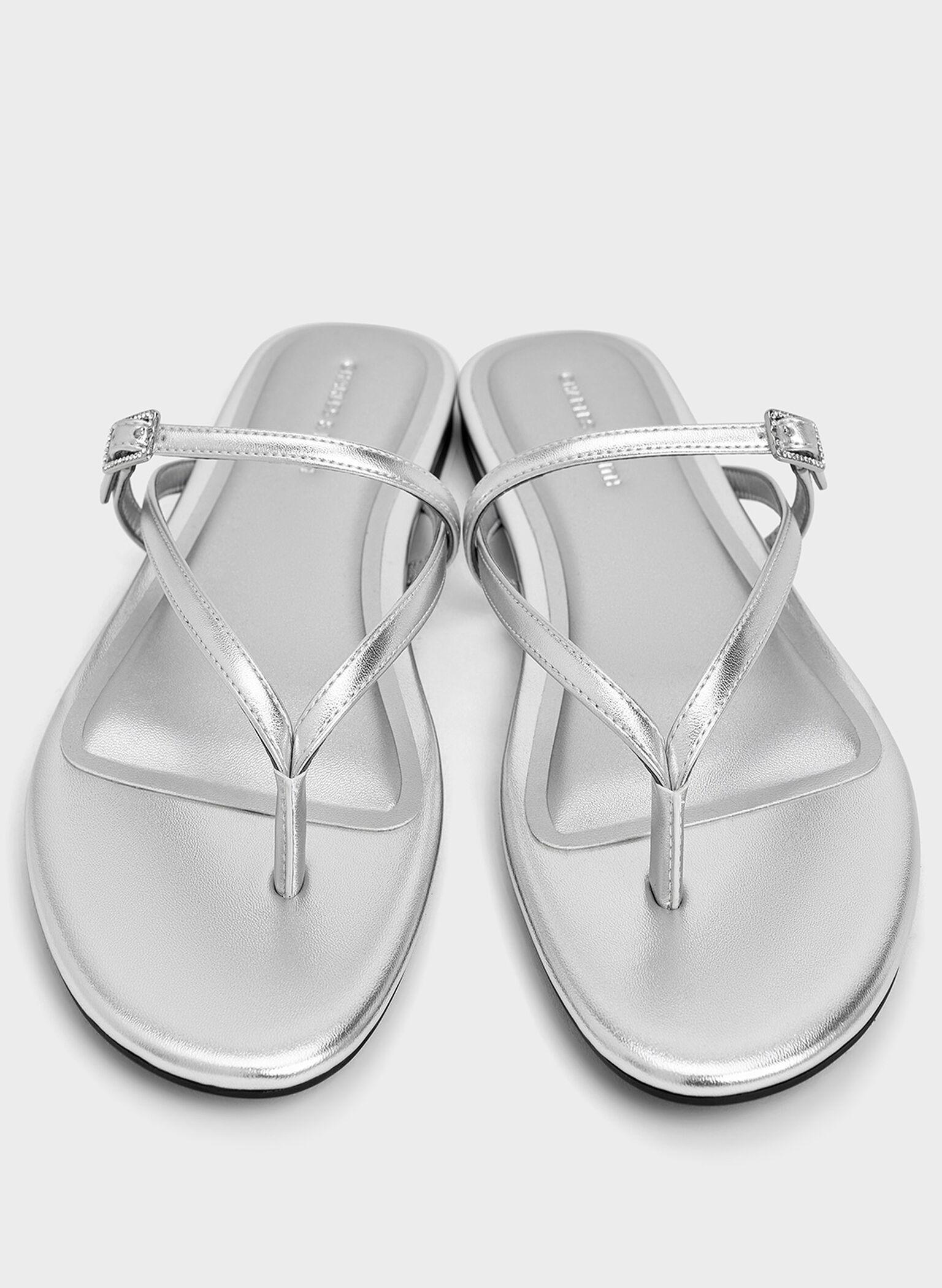Metallic Crystal-Buckle Strappy Thong Sandals, Silver, hi-res