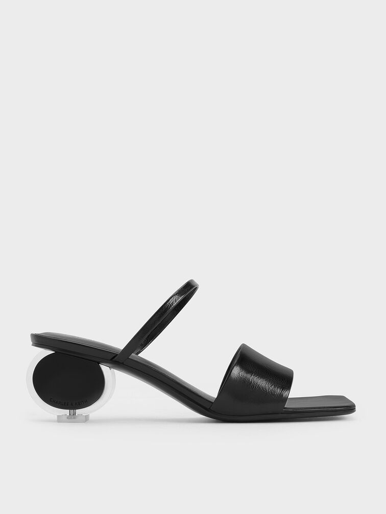 Crinkle-Effect Sculptural-Heel Mules, Black, hi-res