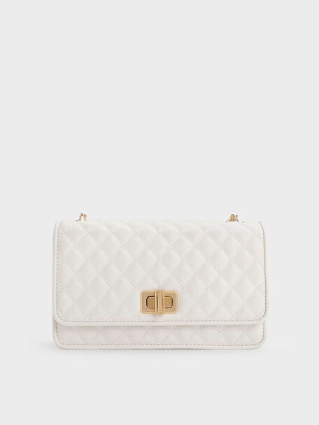 Metallic Turn-Lock Quilted Clutch, White, hi-res