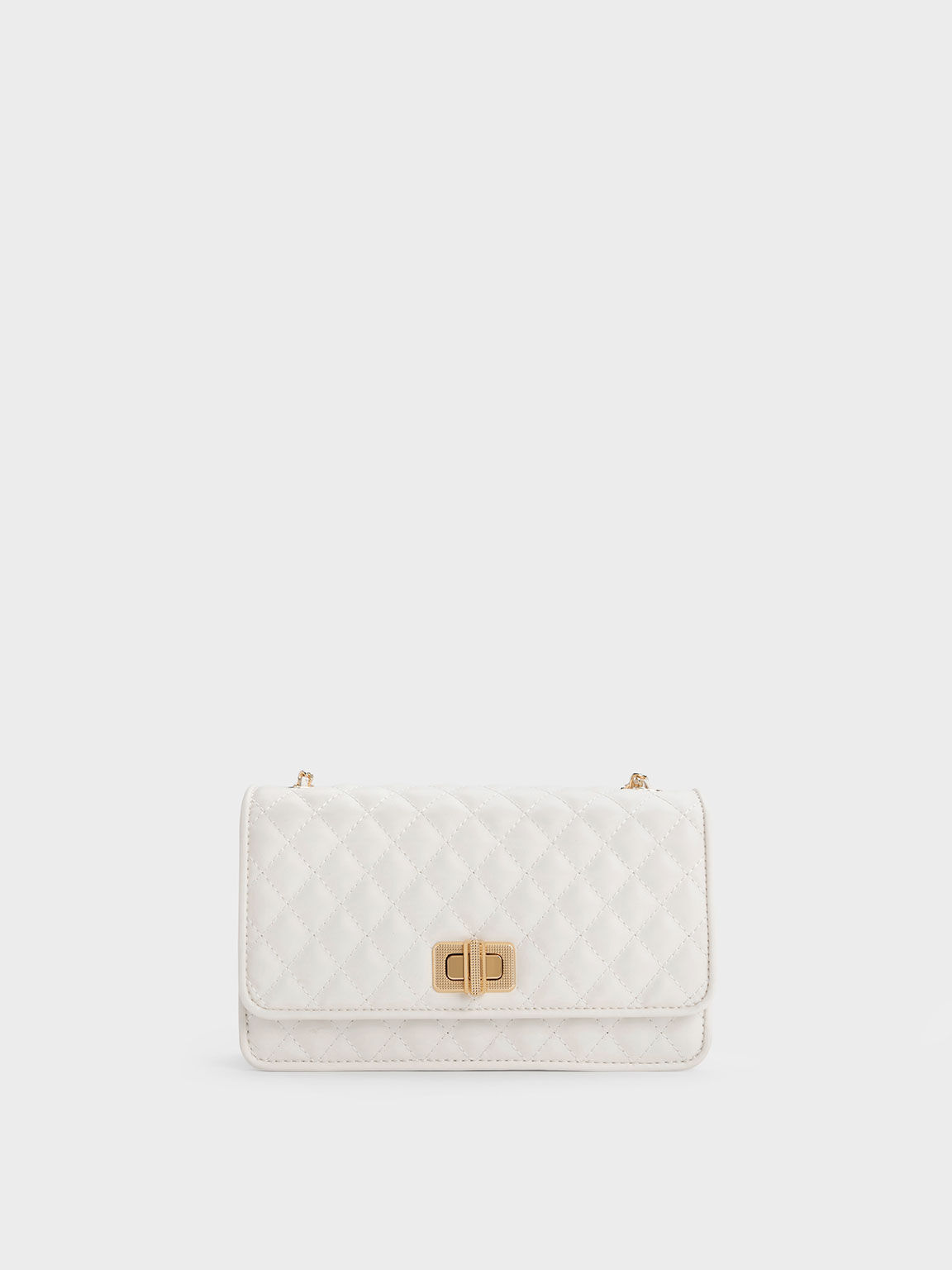 Metallic Turn-Lock Quilted Clutch, White, hi-res