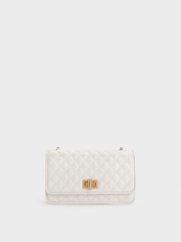 Metallic Turn-Lock Quilted Clutch, White, hi-res